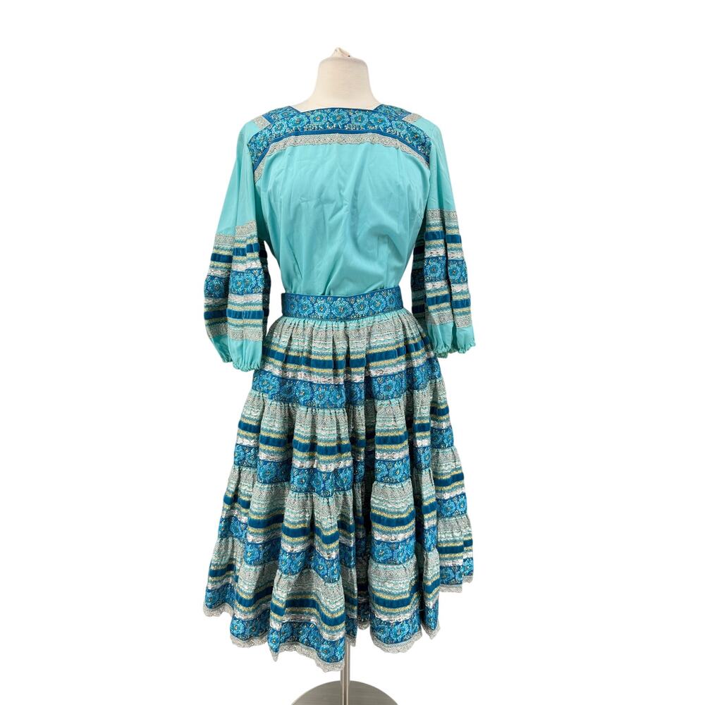 Vintage 70s Desert Flower Turquoise Western Top Circle Skirt Festival Prairie - Picture 2 of 16